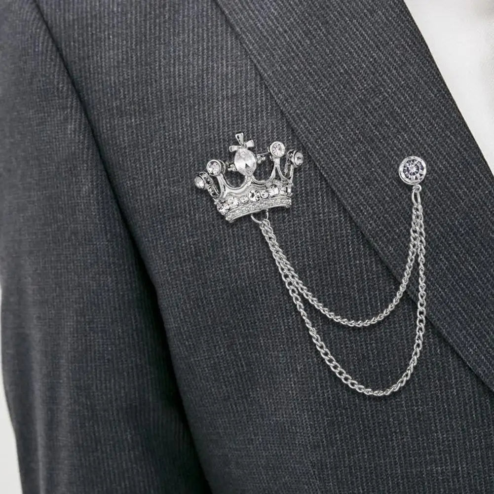 Royal Crown Brooch with Chain – Luxury Lapel Pin for Men & Women