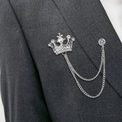 Royal Crown Brooch with Chain – Luxury Lapel Pin for Men & Women