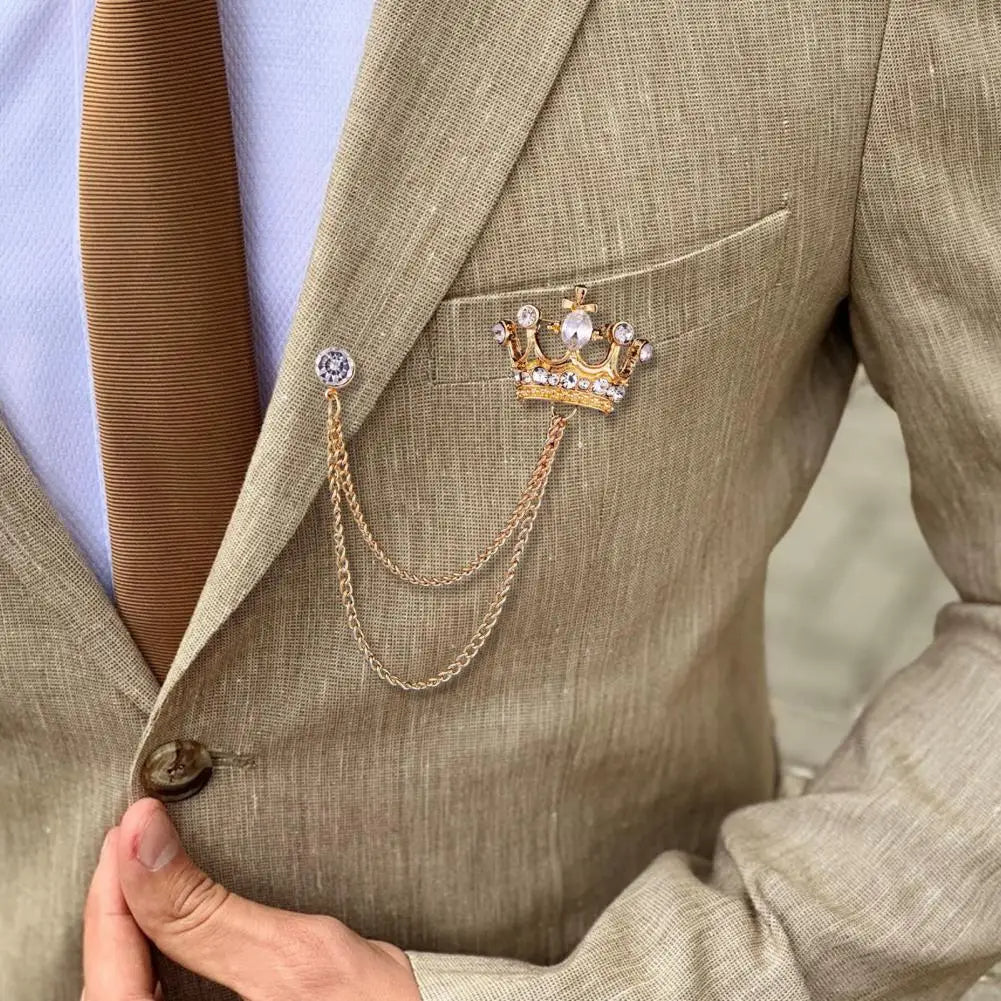 Royal Crown Brooch with Chain – Luxury Lapel Pin for Men & Women