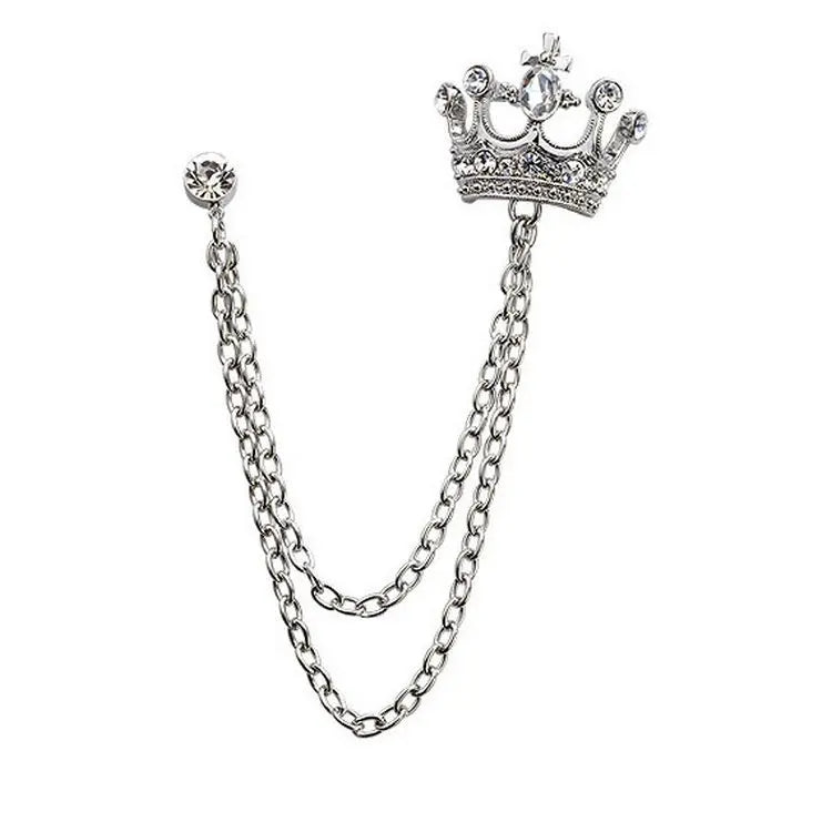 Royal Crown Brooch with Chain – Luxury Lapel Pin for Men & Women