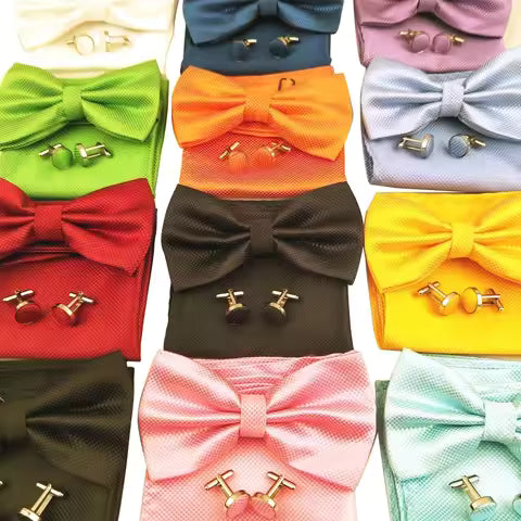 Mens Cool Colors Party Bow Tie, Handkerchief and Cufflinks Set